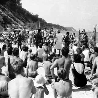 Beach scene with crowd watching military parade.