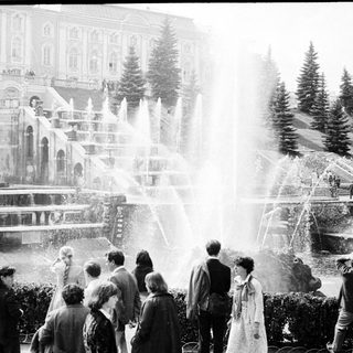 People enjoying large fountain show in grand park setting.