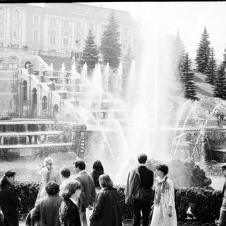 People enjoying large fountain show in grand park setting.
