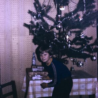 A person sitting beside a decorated Christmas tree.