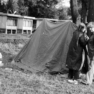 People setting up a tent outdoors near parked cars.