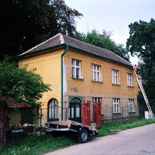 Yellow house undergoing exterior maintenance with ladder.