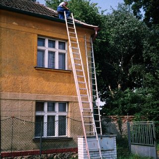 Ladder leaning against building for exterior maintenance.