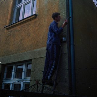Person cleaning roof gutter from ladder.
