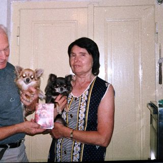 Two people holding small dogs indoors.