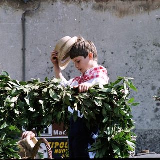 Boy adjusting straw hat while carrying leafy greens.