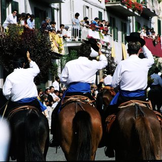 Traditional equestrian procession with riders in formal attire.