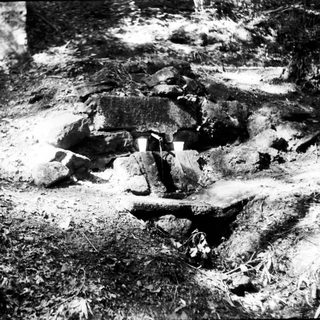 Ruins of a collapsed stone structure in forest.