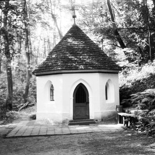 Small forest chapel with pointed roof.