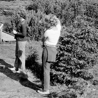 Two people playing frisbee outdoors.