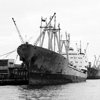 Vintage cargo ships docked at industrial port.