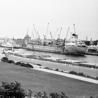 Docked ships in a port area.