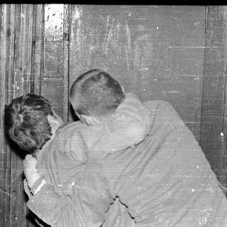 Two individuals peering through a barred window.