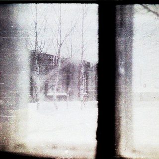 Blurred winter scene with snow-covered ground and bare trees.