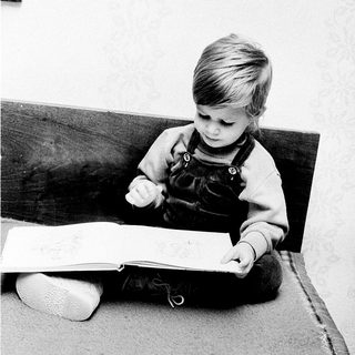 Young child reading book indoors.