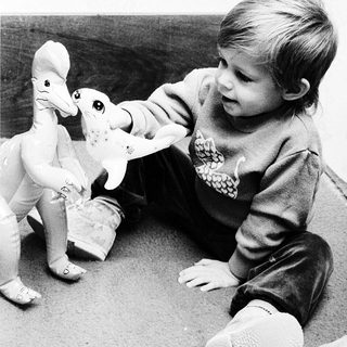 Young child playing with dinosaur toys.