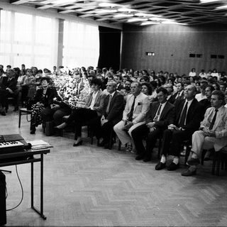 Concert or lecture hall with audience and performer.