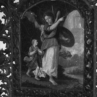 "Religious painting of angel and child in ornate frame."