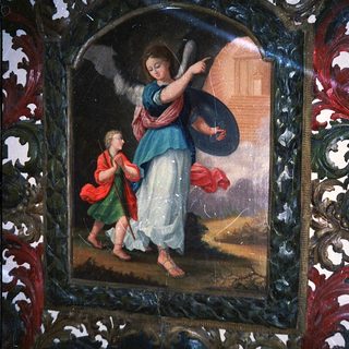 Angel guiding a child toward a temple.