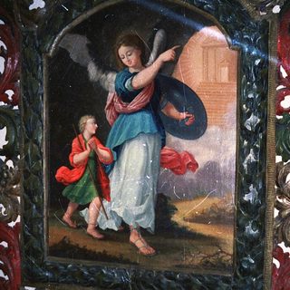 Angel guiding a child toward a temple.