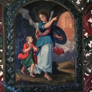 Angel presenting child to divine light.