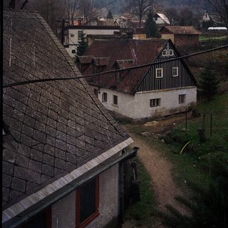 Rural village houses with sloped roofs, bare trees, and distant mountains.