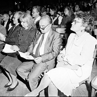 Audience attentively watching an indoor event.