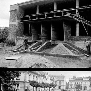 Construction site and completed building with woman standing nearby.