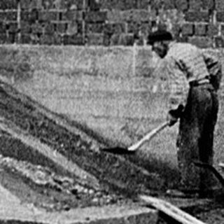 Construction site and completed building with woman standing nearby.