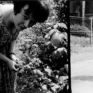 Two women in vintage clothing, one gardening, one posing outdoors.
