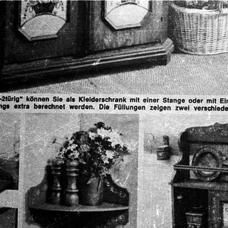 Vintage wall-mounted storage and display furniture.