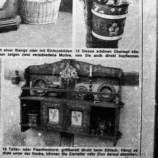 Vintage wall-mounted storage and display furniture.