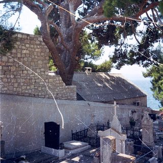 Old cemetery by seaside with weathered tombstones and tree.