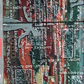 Graffiti-style mural with Czech political slogans.