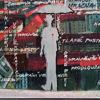 Urban mural with graffiti text and silhouette under umbrella.