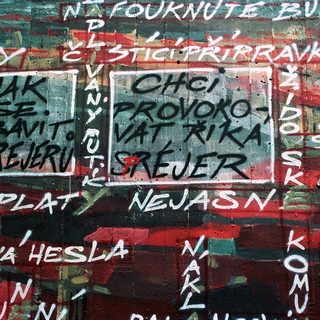 Graffiti-covered wall with Czech/Slovak protest slogans.