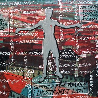 Vibrant mural with Czech text and silhouette of a balancing figure.