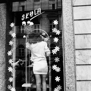 A person decorates a school window display with flower cutouts.