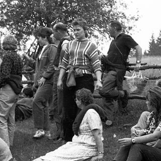 Group of people socializing outdoors in 1960s-style clothing.