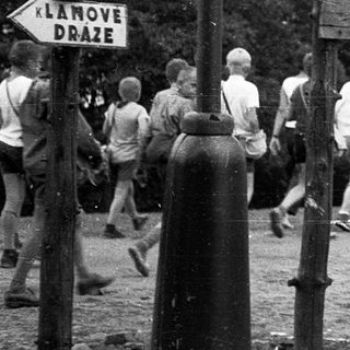 People standing near a wooden signpost in outdoor setting.
