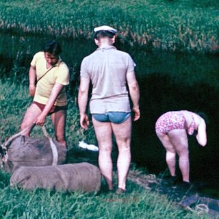 People working together in rice paddies near water.