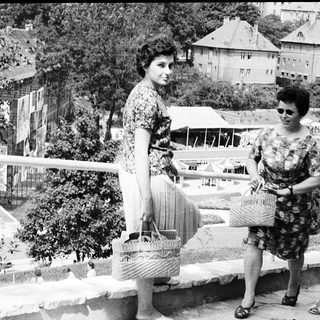 People shopping at an outdoor market with baskets.