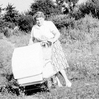 Person pushing lawn mower on grassy path.