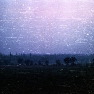 Dark, rainy landscape with misty horizon.