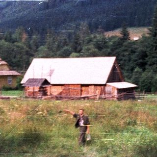 Rural countryside scene with wooden houses and mountains.