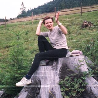 Person sitting on stump in forested outdoor setting.