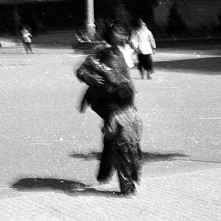 Urban street scene with people walking, dogs, and blurred motion.