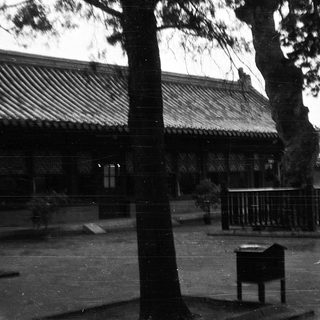 Traditional East Asian temple courtyard with tiled roofs.