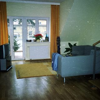Empty, dated living room with sofa, TV, and potted plants.