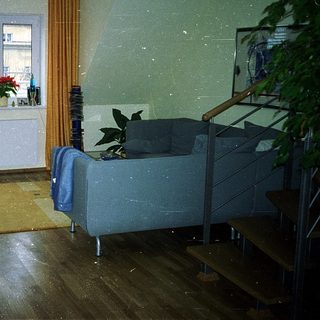 Empty, dated living room with sofa, TV, and potted plants.